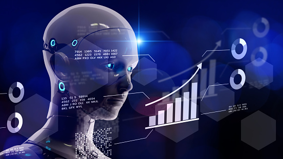 AI trading EA Expert advisors machine learning analyze business data, 3D illustration Robot trading graph chart. Business financial investment forex and stock exchange digital technology